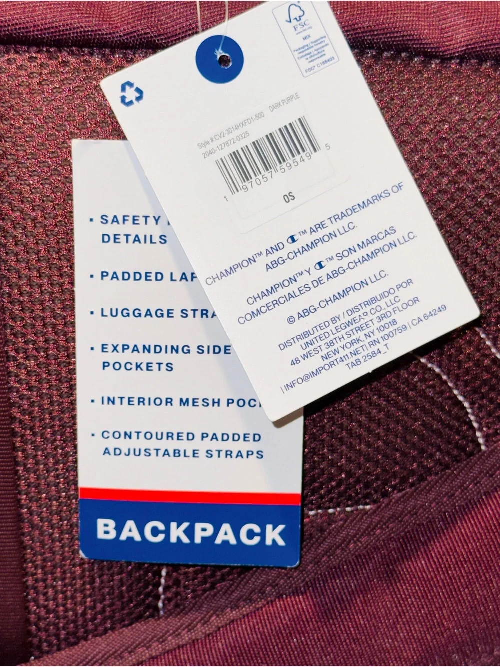 Champion Estate Backpack with Water Bottle Pocket Pink And Maroon New With Tags